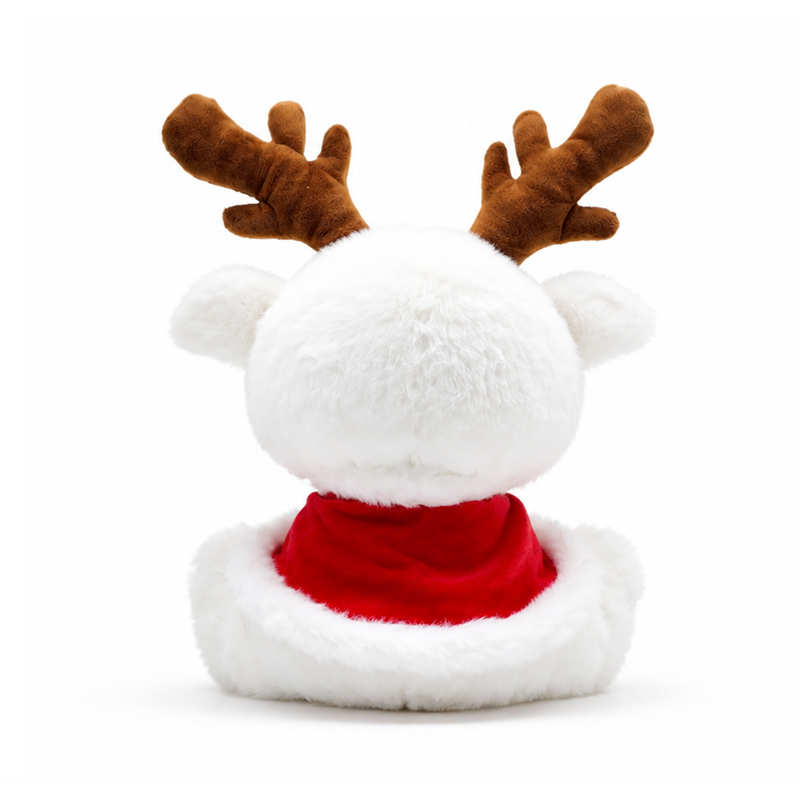 White Christmas Reindeer Plush Toy with Brown Antlers and Plaid Bow