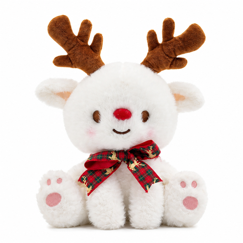 White Christmas Reindeer Plush Toy with Brown Antlers and Plaid Bow