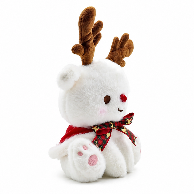 White Christmas Reindeer Plush Toy with Brown Antlers and Plaid Bow