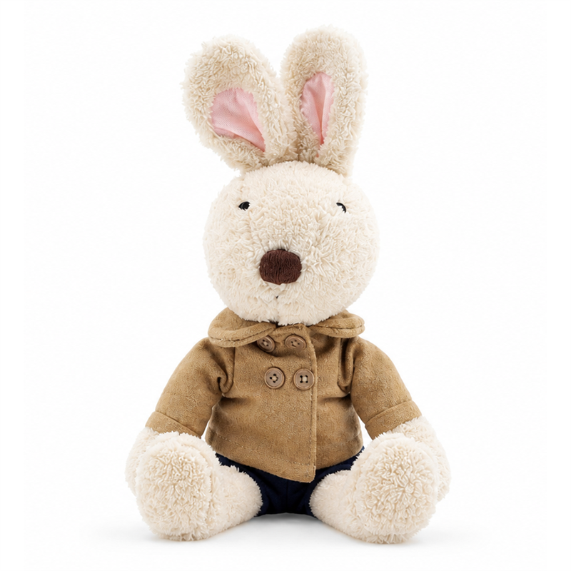 Cream Rabbit Plush Toy with Brown Coat and Navy Pants