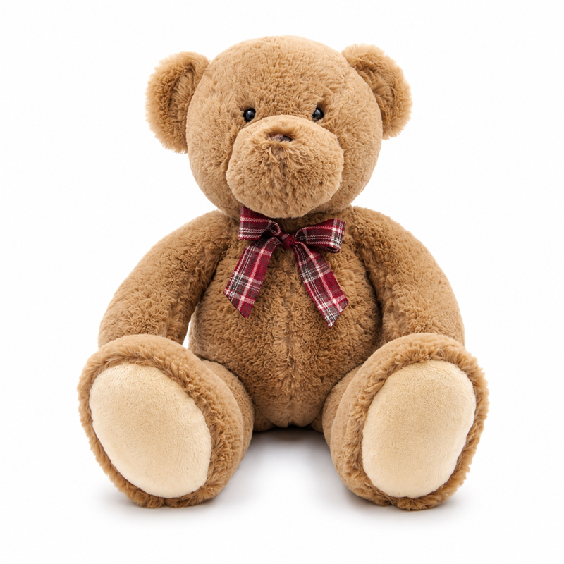 Dark Brown Teddy Bear Plush Toy with Red Plaid Bow Children Gift Stuffed Animal