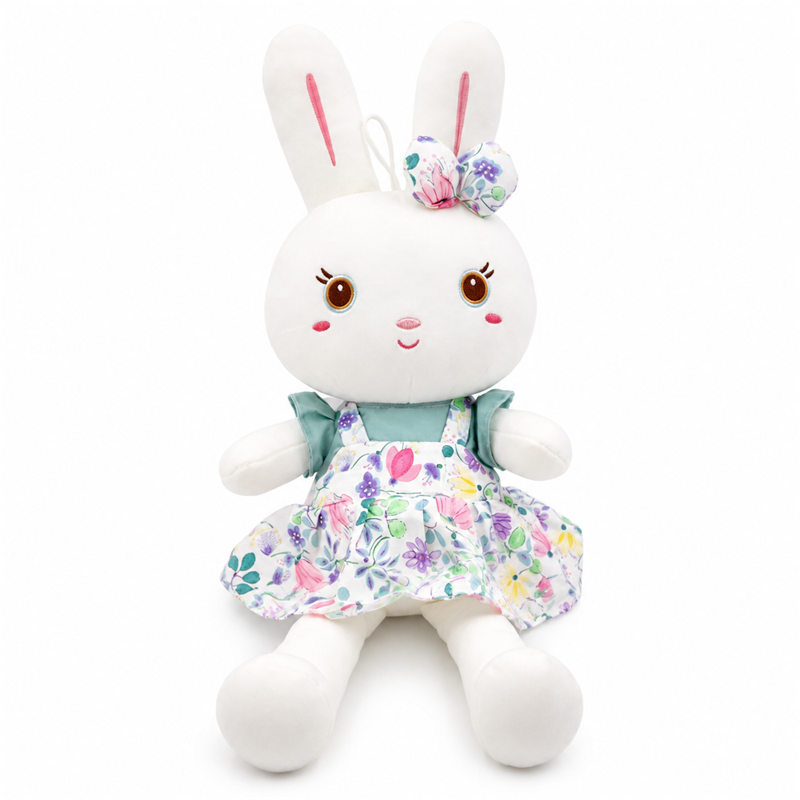 White Rabbit Plush Toy with Floral Dress and Bow Children Girl Gift Stuffed Animal Toy