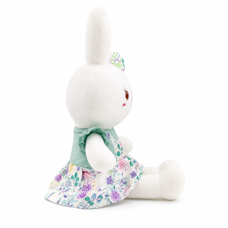 White Rabbit Plush Toy with Floral Dress and Bow Children Girl Gift Stuffed Animal Toy