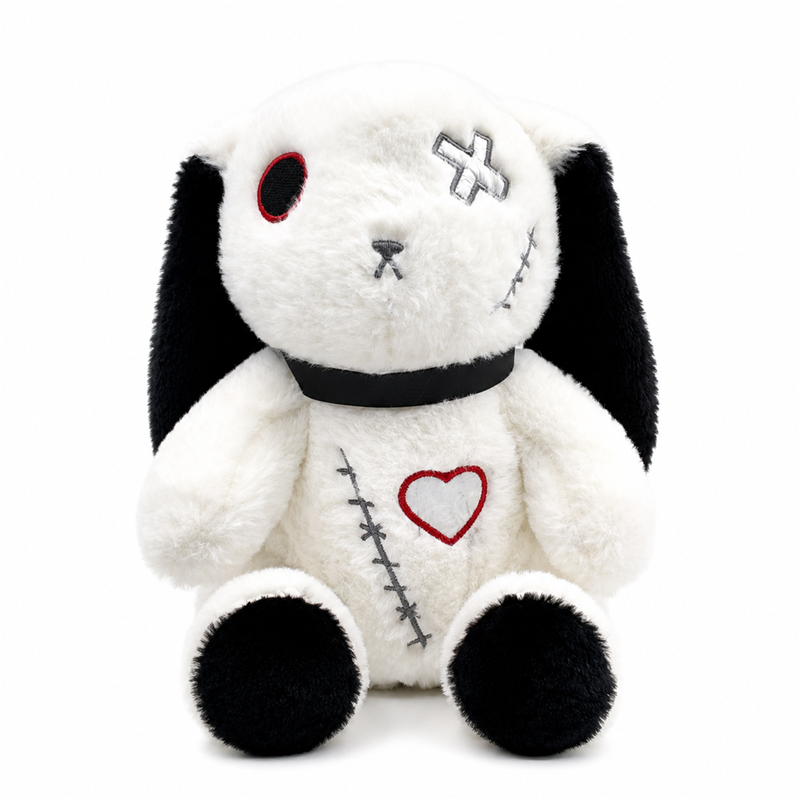 Gothic White Bunny Plush Toy with Black Ears and Red Heart Children Gift Cute Stuffed Animal Doll