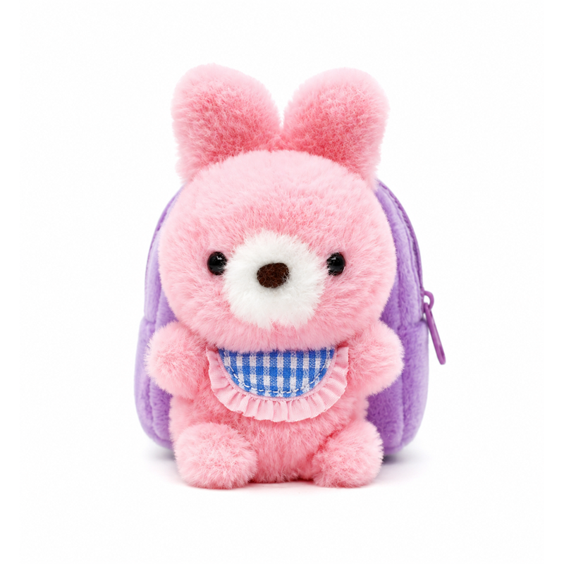 Pink Bunny Plush Backpack with Blue Check Bow Baby Gift Cute Stuffed Animal Bag