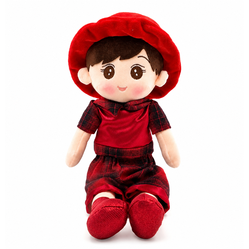 Red Plaid Boy Plush Doll with Soft Hat Children Gift Cute Stuffed Toy