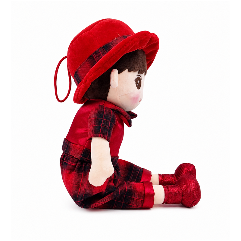 Red Plaid Boy Plush Doll with Soft Hat Children Gift Cute Stuffed Toy