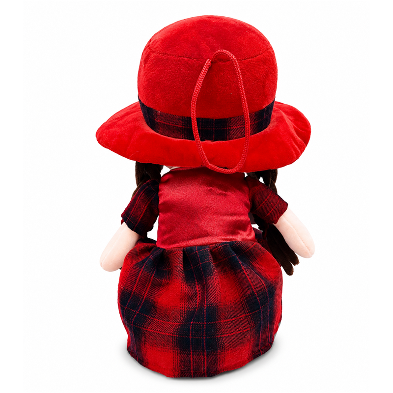 Red Plaid Girl Plush Doll with Wide Brim Hat Children Gift Cute Soft Stuffed Toy
