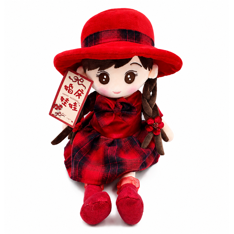 Red Plaid Girl Plush Doll with Wide Brim Hat Children Gift Cute Soft Stuffed Toy