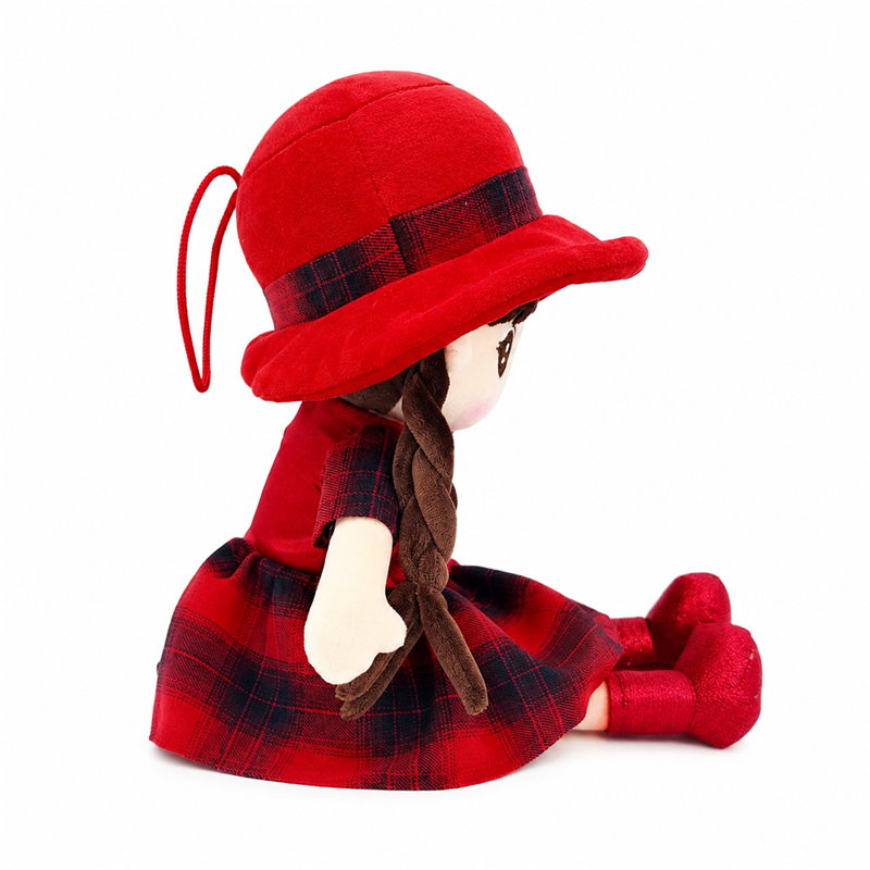 Red Plaid Girl Plush Doll with Wide Brim Hat Children Gift Cute Soft Stuffed Toy